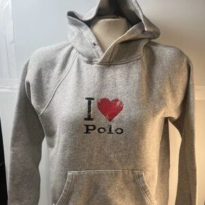 Ralph Lauren Polo Women’s Size SMALL I Love Polo Hoodie Gray w/ Distressed Logo